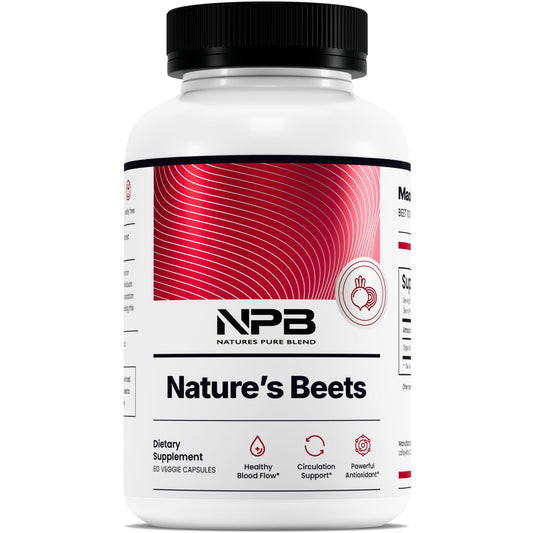 Nature's Pure Blend beet root capsules label close-up showing organic ingredients and energy support.