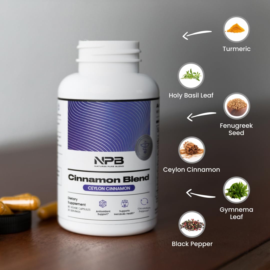 Close-up of Nature's Pure Blend cinnamon-turmeric label emphasizing quality