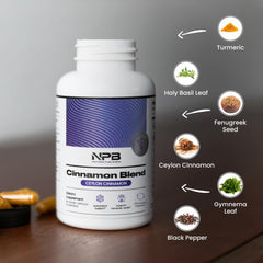 Close-up of Nature's Pure Blend cinnamon-turmeric label emphasizing quality