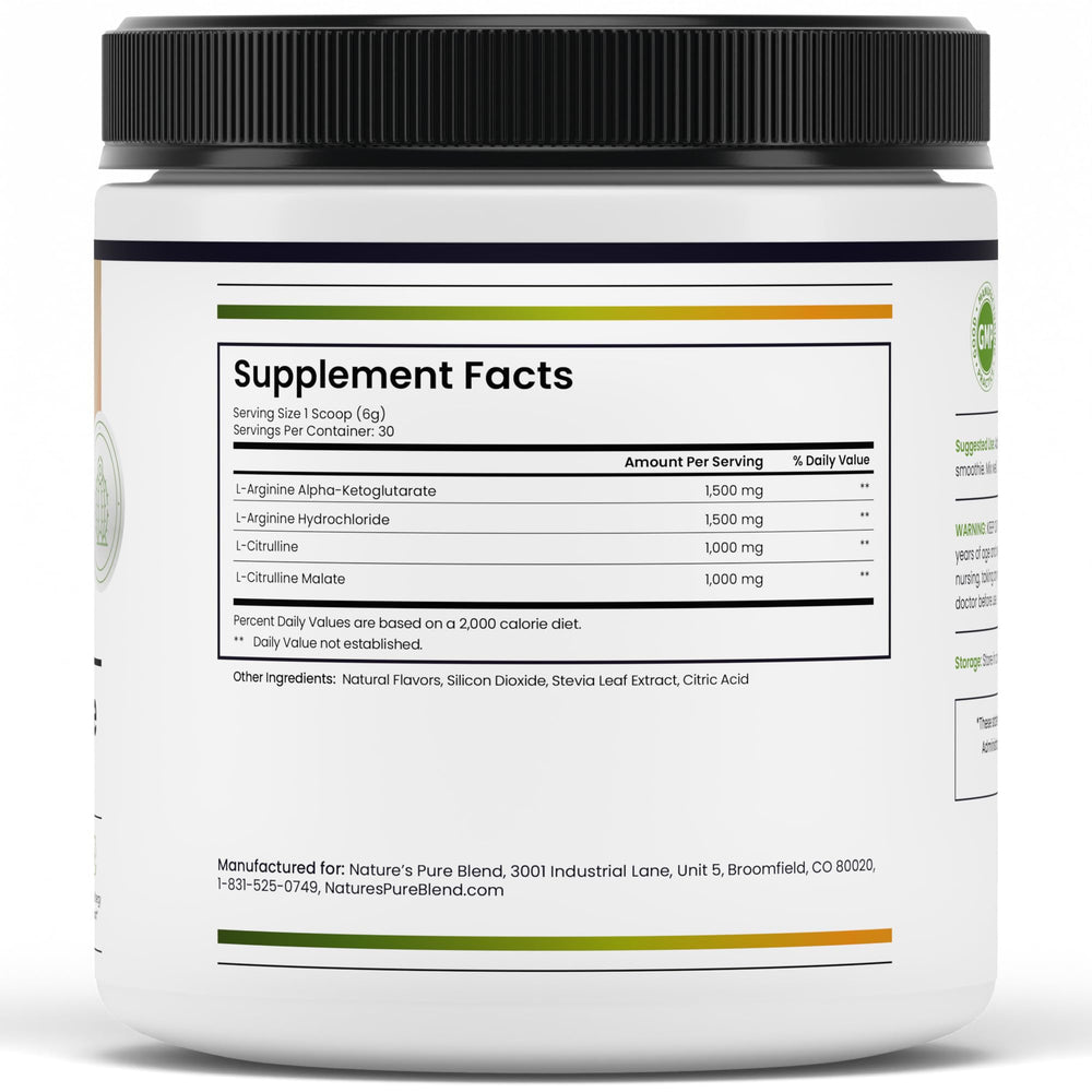 Nature's Pure Blend ingredients listing featuring L-Arginine and L-Citrulline