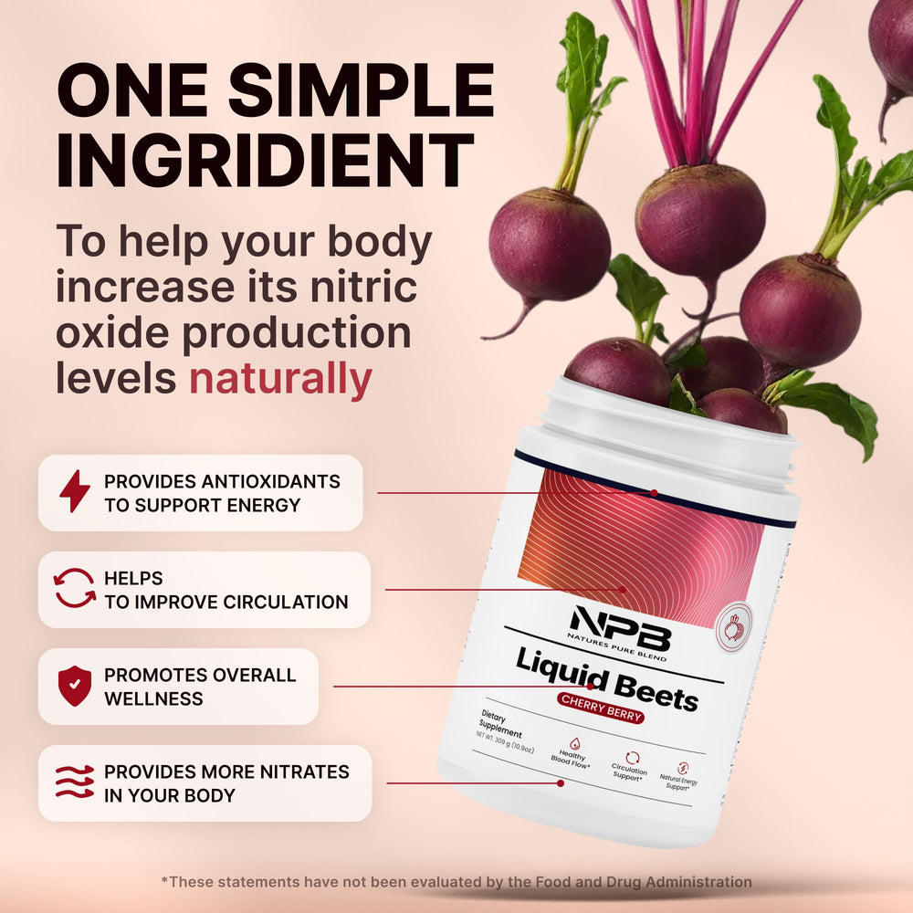 Nature's Pure Blend Liquid Beets glass shows ready-to-drink option for on-the-go vitality.