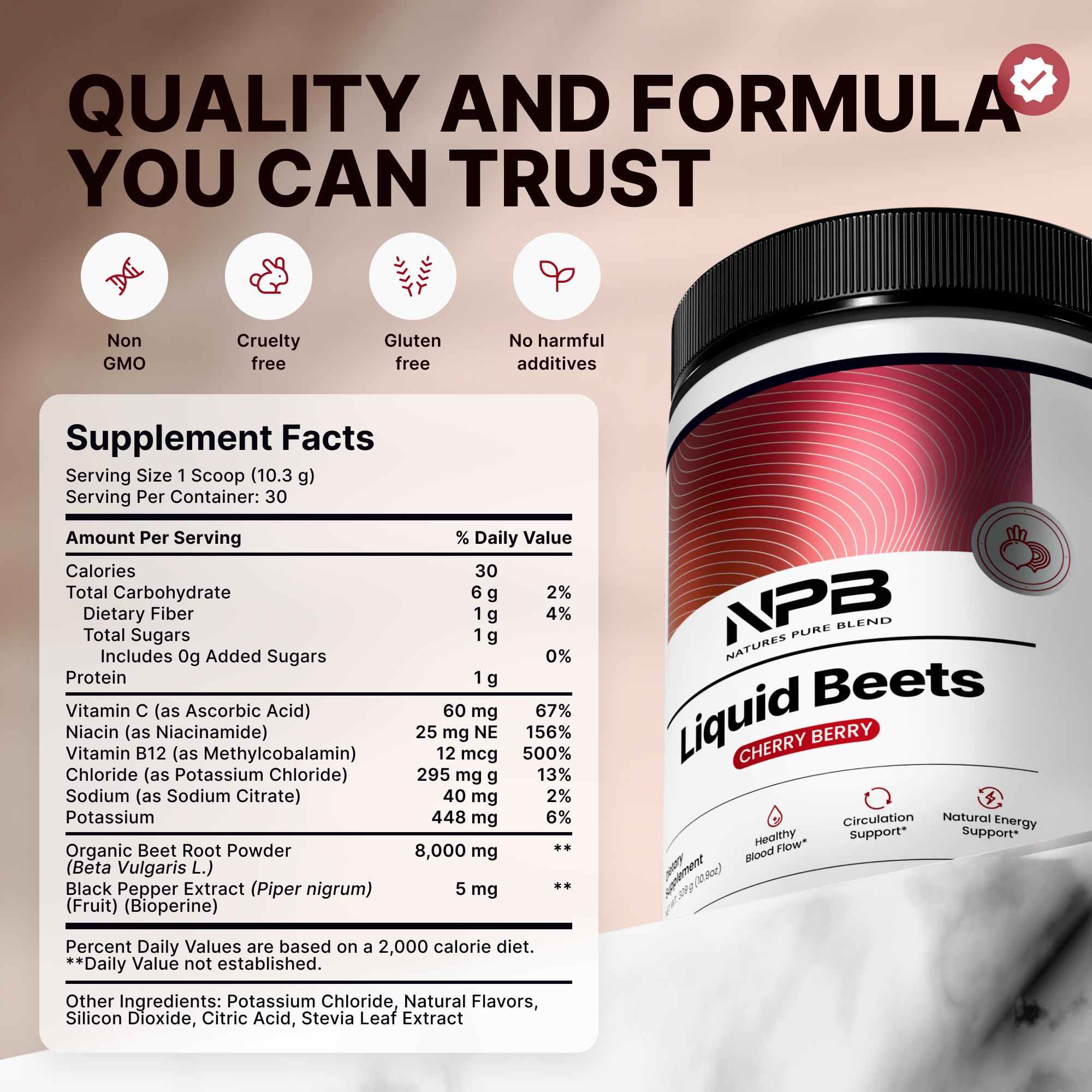 Nature's Pure Blend Liquid Beets label emphasizes organic ingredients.