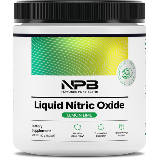 Nature's Pure Blend liquid nitric oxide bottle front for potential pre-workout circulation boost.