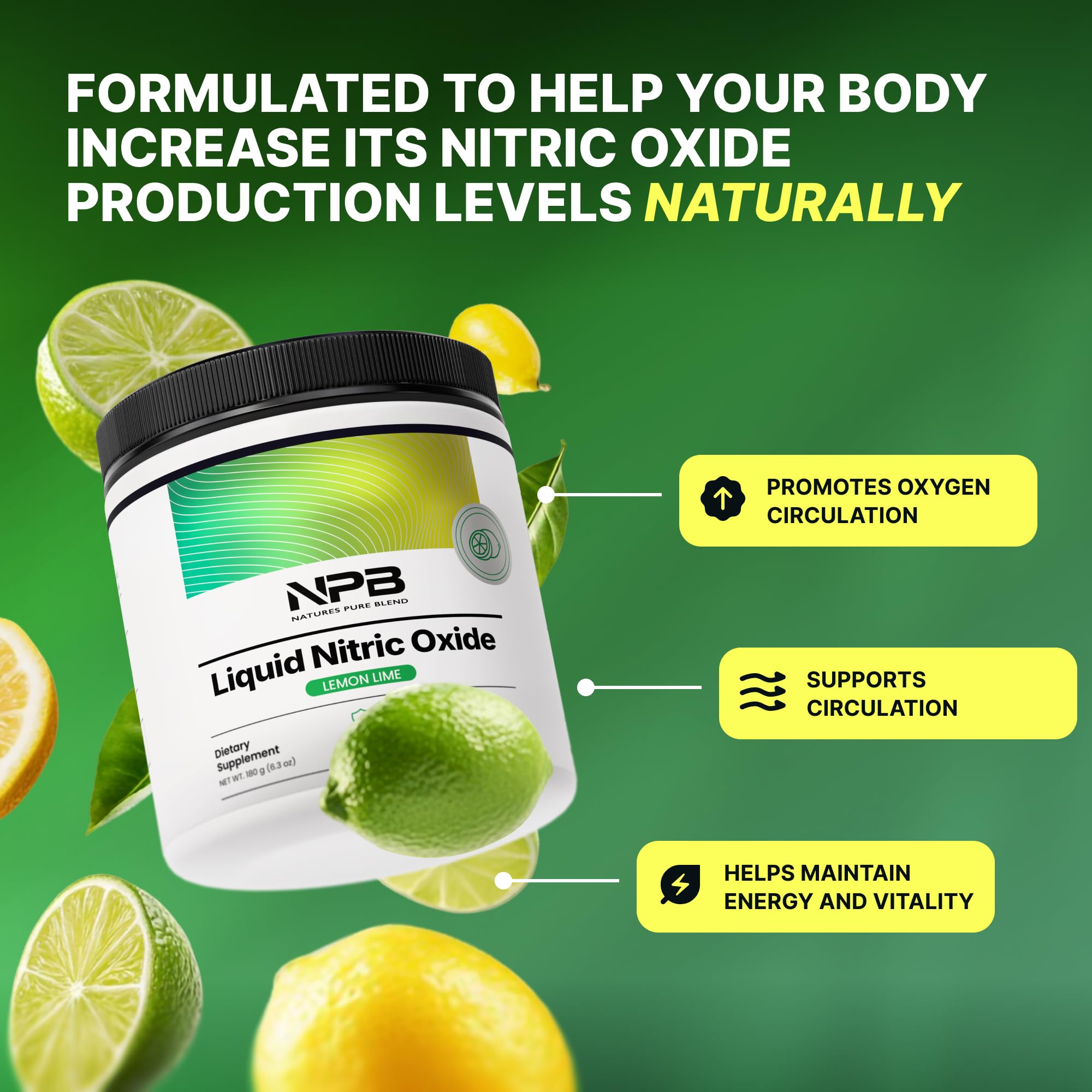 Nature's Pure Blend liquid nitric oxide bottle side view with clean label.