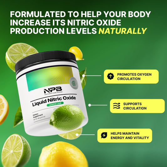 Nature's Pure Blend liquid nitric oxide bottle side view with clean label.