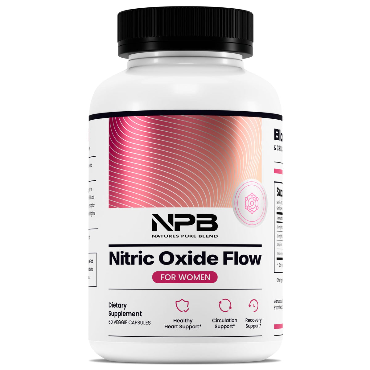 Nature's Pure Blend nitric oxide women bottle boosts circulation and daily energy.