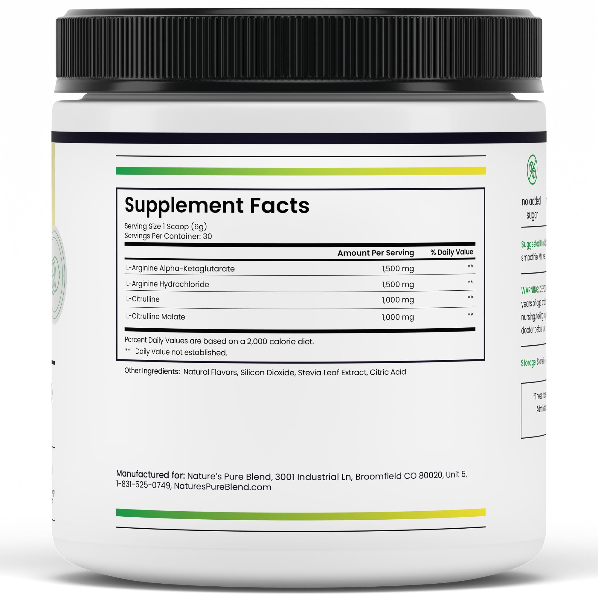 Nature's Pure Blend packaging label closeup signaling quality and dosage information.