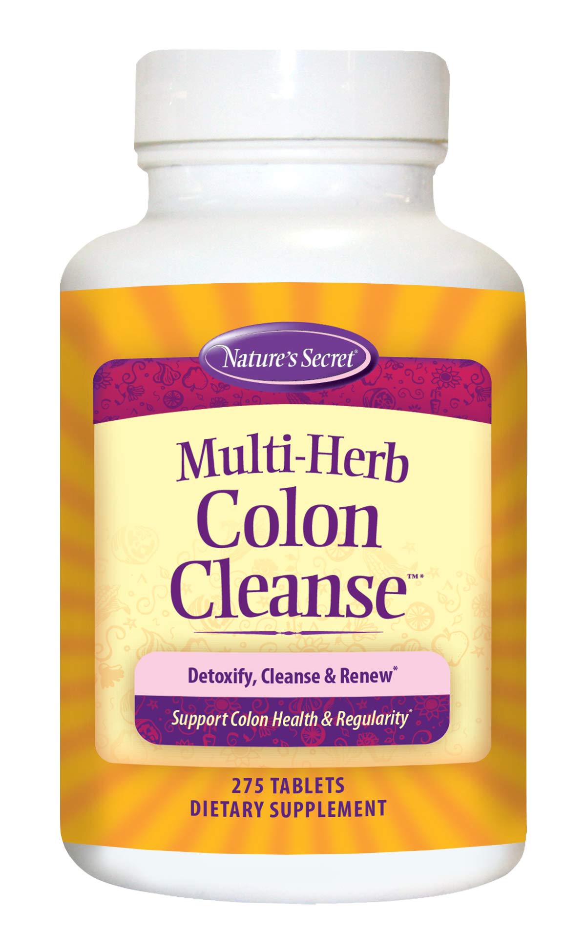 Nature's Secret Multi-Herb Colon Cleanse bottle with 275 tablets for regularity support.