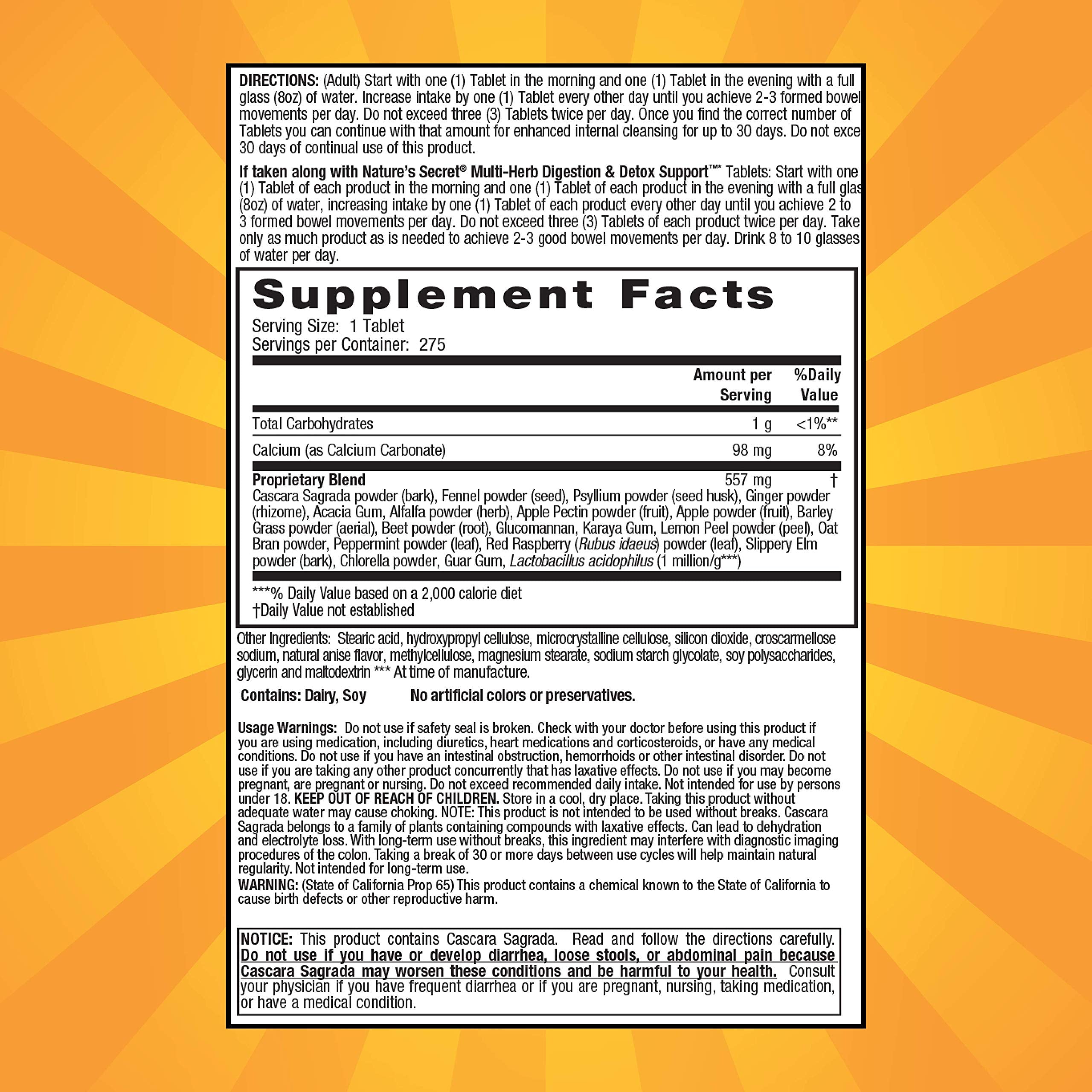 Close-up of Nature's Secret Multi-Herb Colon Cleanse tablets highlighting psyllium blend.
