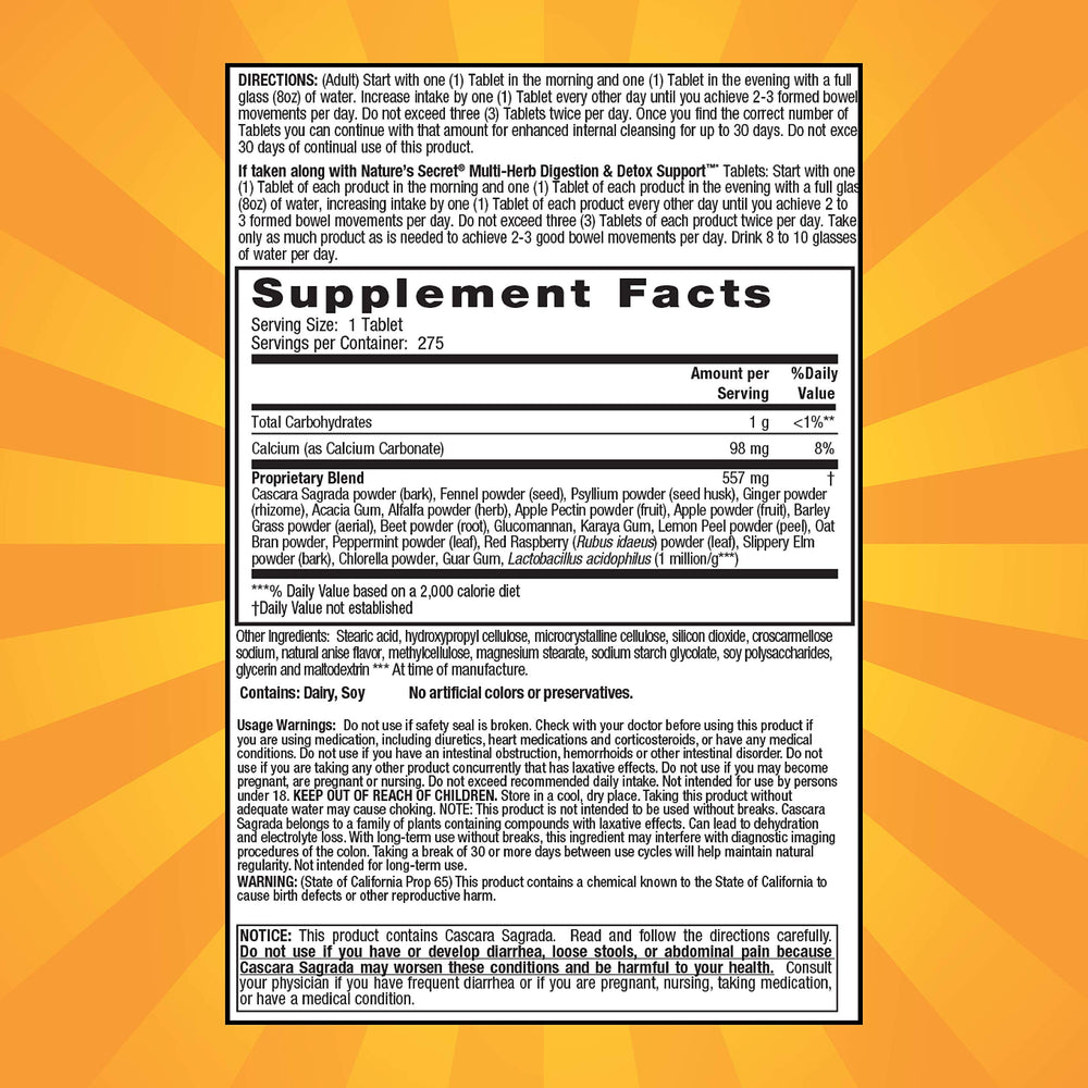 Close-up of Nature's Secret Multi-Herb Colon Cleanse tablets highlighting psyllium blend.