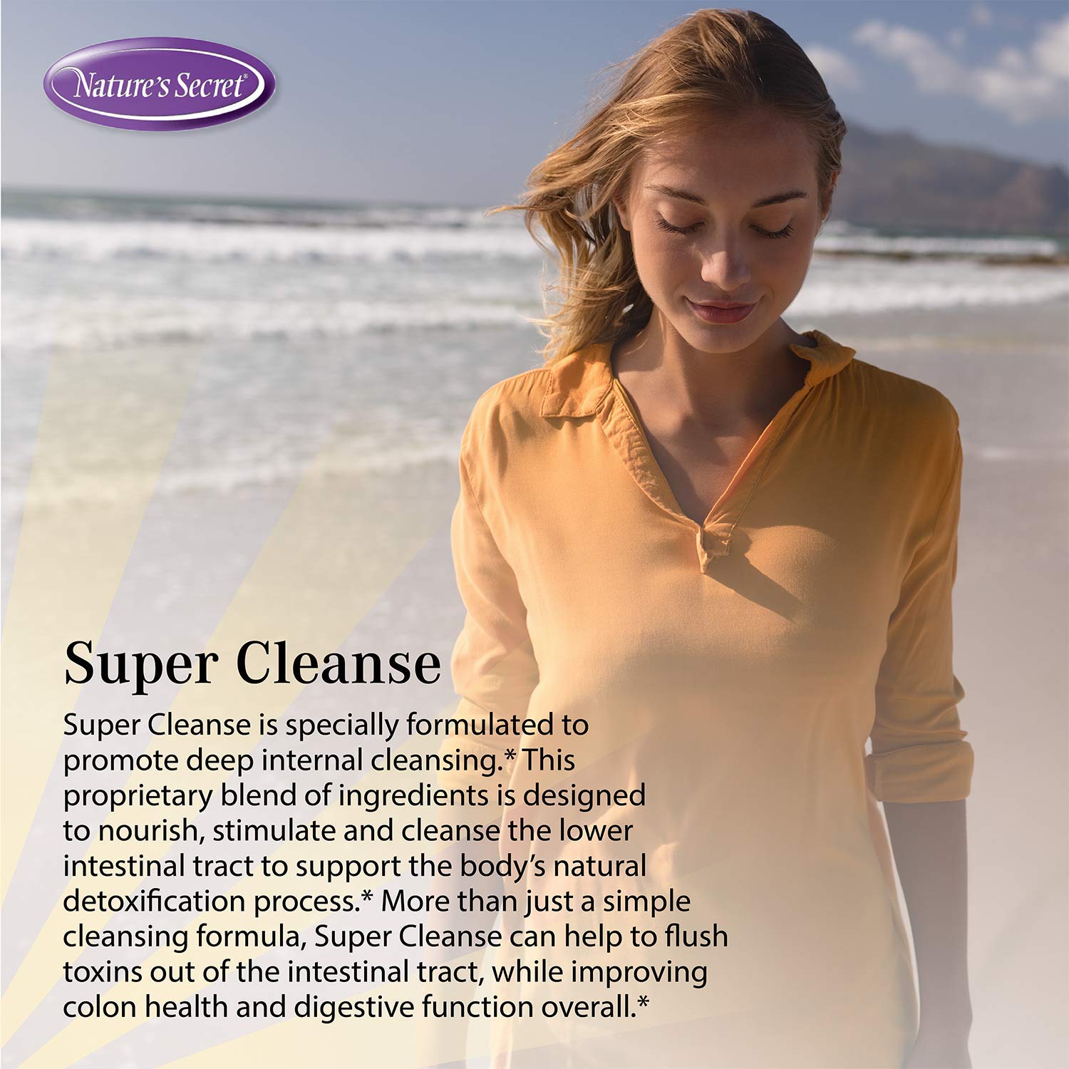Nature's Secret Super Cleanse tablets close-up highlighting the 14-herb formula.