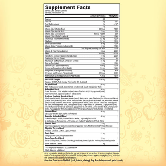 Nature's Secret Women's 73 Nutrient Soft-Gel Multi closeup shows smooth capsules for easy daily dosing.