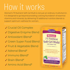 Nature's Secret Women's 73 Nutrient Soft-Gel Multi packaging highlights a convenient two-pack option.