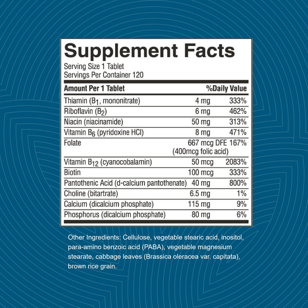 Balanced B Complex label shows full B vitamin range included in the formula