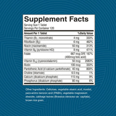 Balanced B Complex label shows full B vitamin range included in the formula