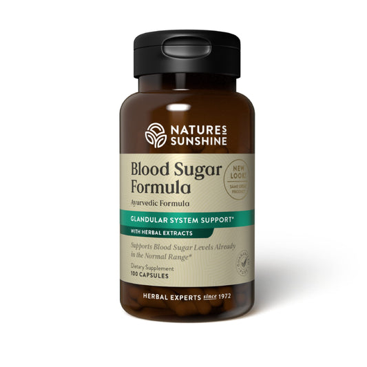 Nature's Sunshine Blood Sugar Formula bottle close-up displaying capsules for daily balance.