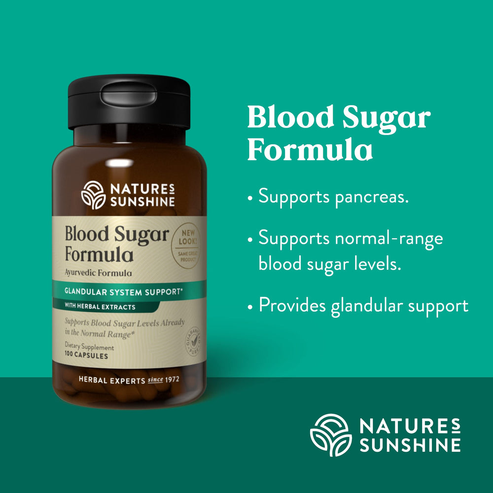 Nature's Sunshine Blood Sugar Formula packaging emphasizes in-house manufacturing standards.