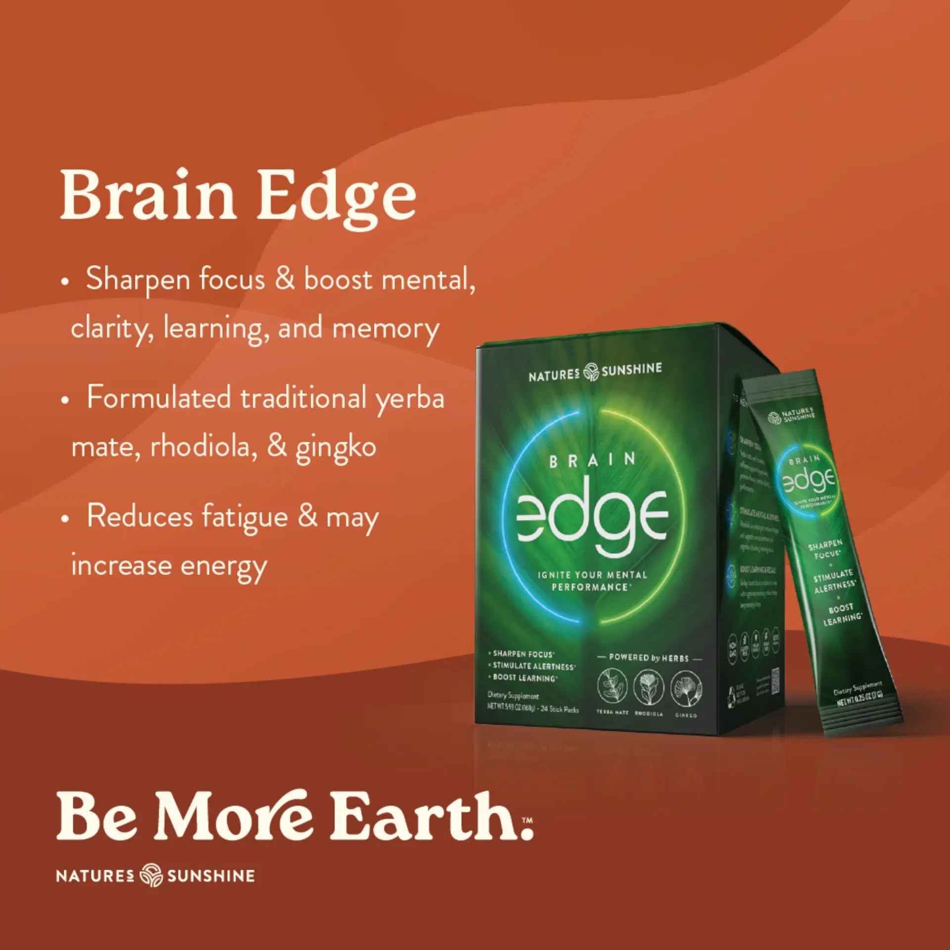 Nature's Sunshine Brain Edge in hand, convenient 24-pack for study sessions.