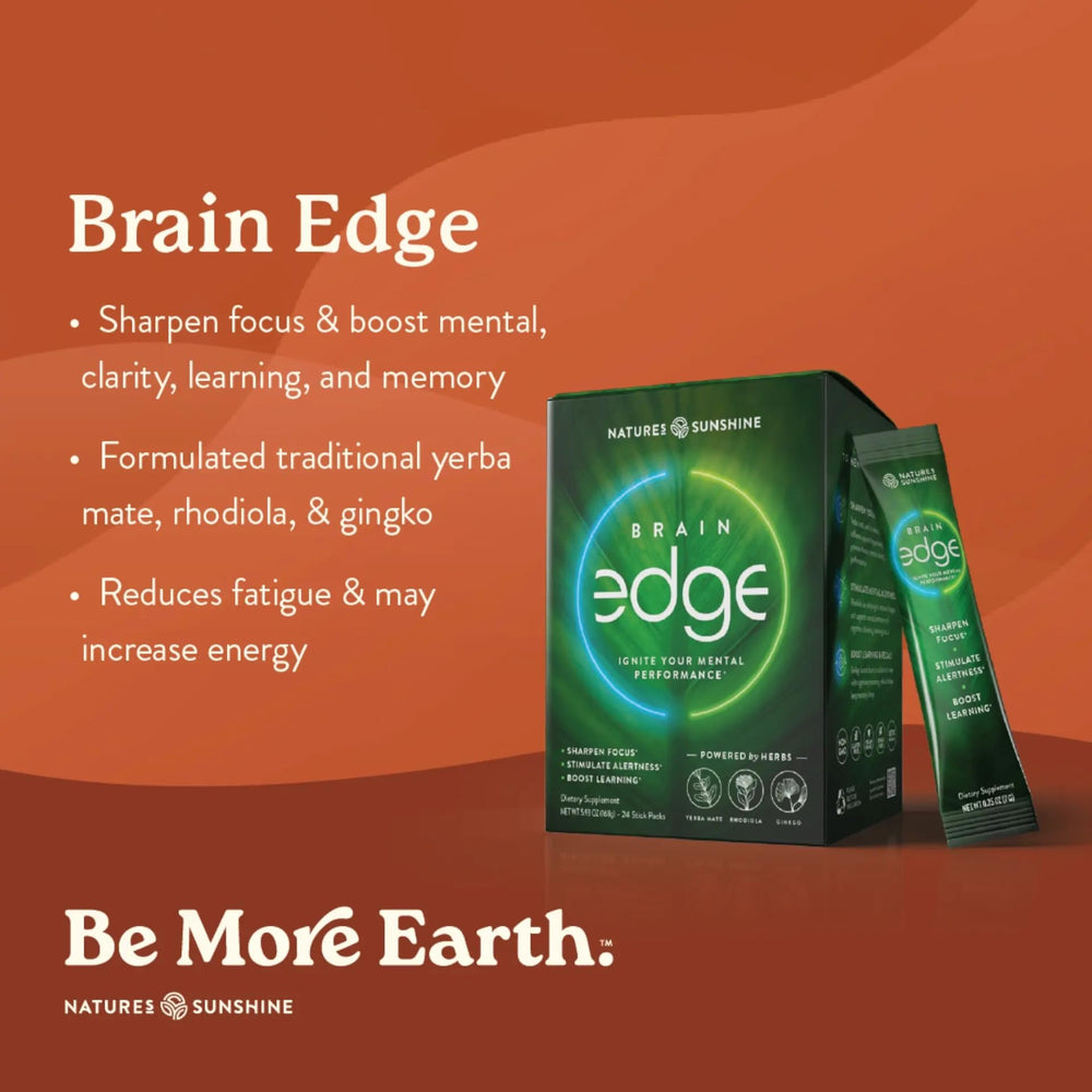Nature's Sunshine Brain Edge in hand, convenient 24-pack for study sessions.
