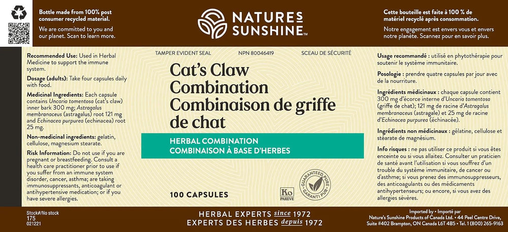 Nature's Sunshine Cats Claw capsules closeup highlighting natural ingredients for daily wellness.