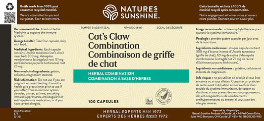 Nature's Sunshine Cats Claw capsules closeup highlighting natural ingredients for daily wellness.