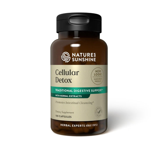 Nature's Sunshine Cellular Detox bottle label highlighting herbal blend for digestive support