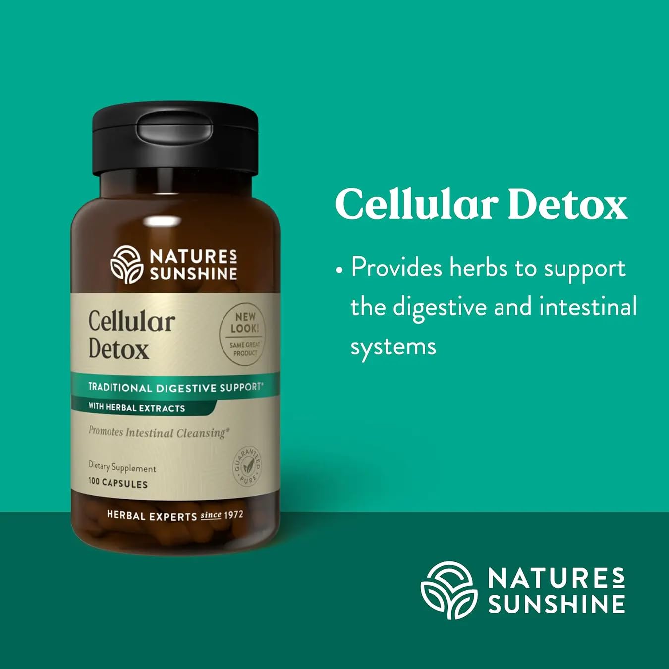 Nature's Sunshine Cellular Detox capsules close-up showing herbal ingredients for digestion