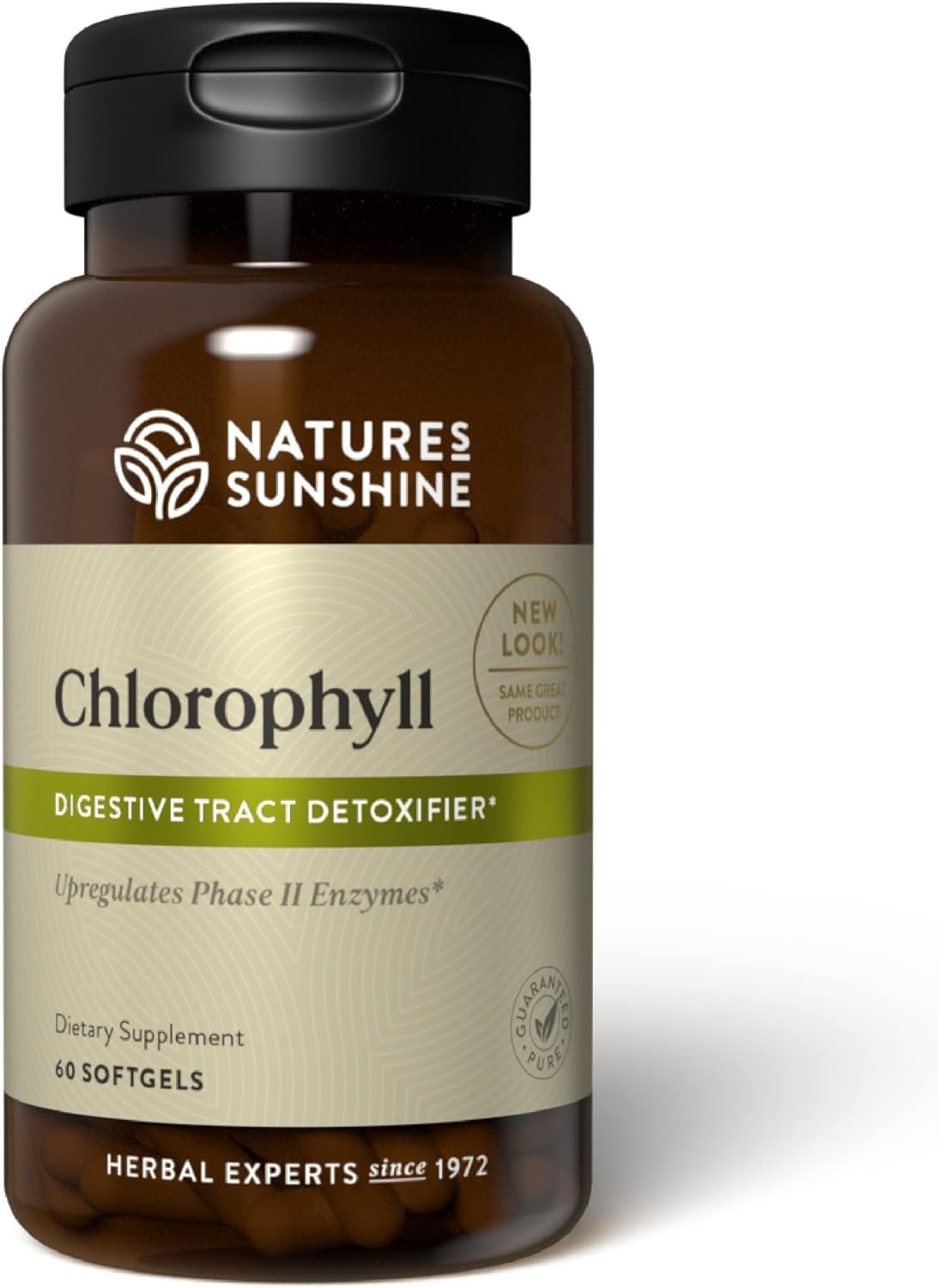Nature's Sunshine Chlorophyll softgel bottle promoting digestion support.