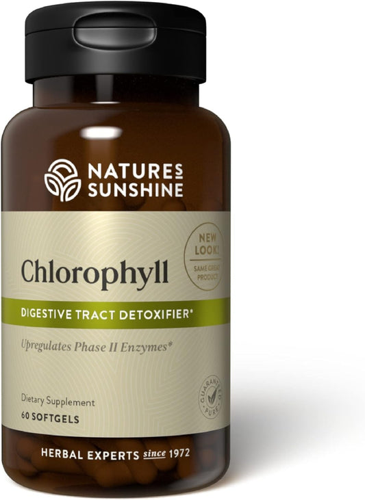 Nature's Sunshine Chlorophyll softgel bottle promoting digestion support.