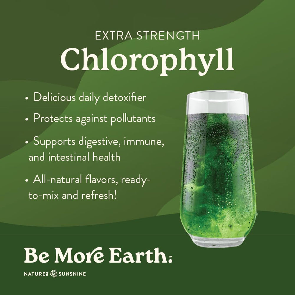 Nature's Sunshine Chlorophyll stick pack dissolving in water for a convenient daily ritual.