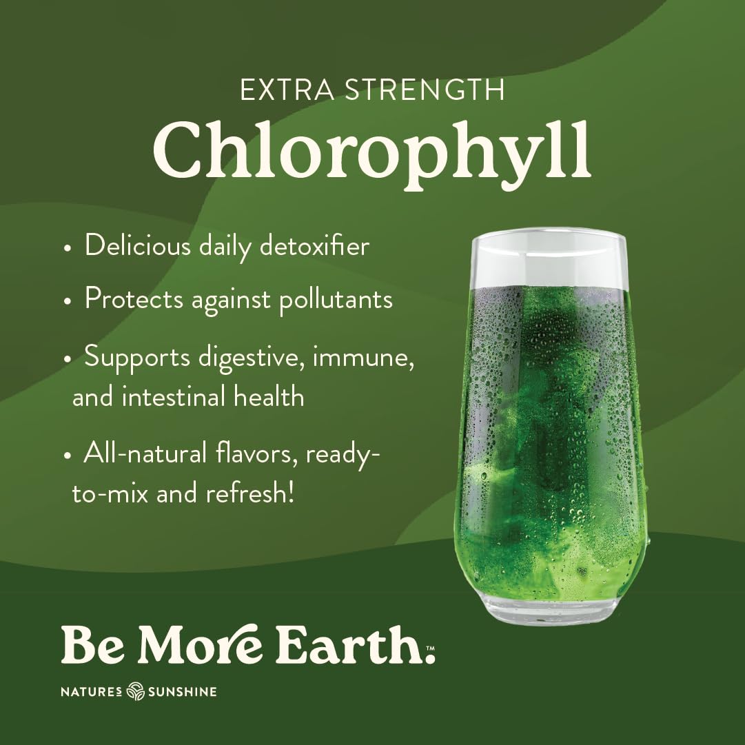 Nature's Sunshine Chlorophyll stick pack dissolving in water for a refreshing green drink.