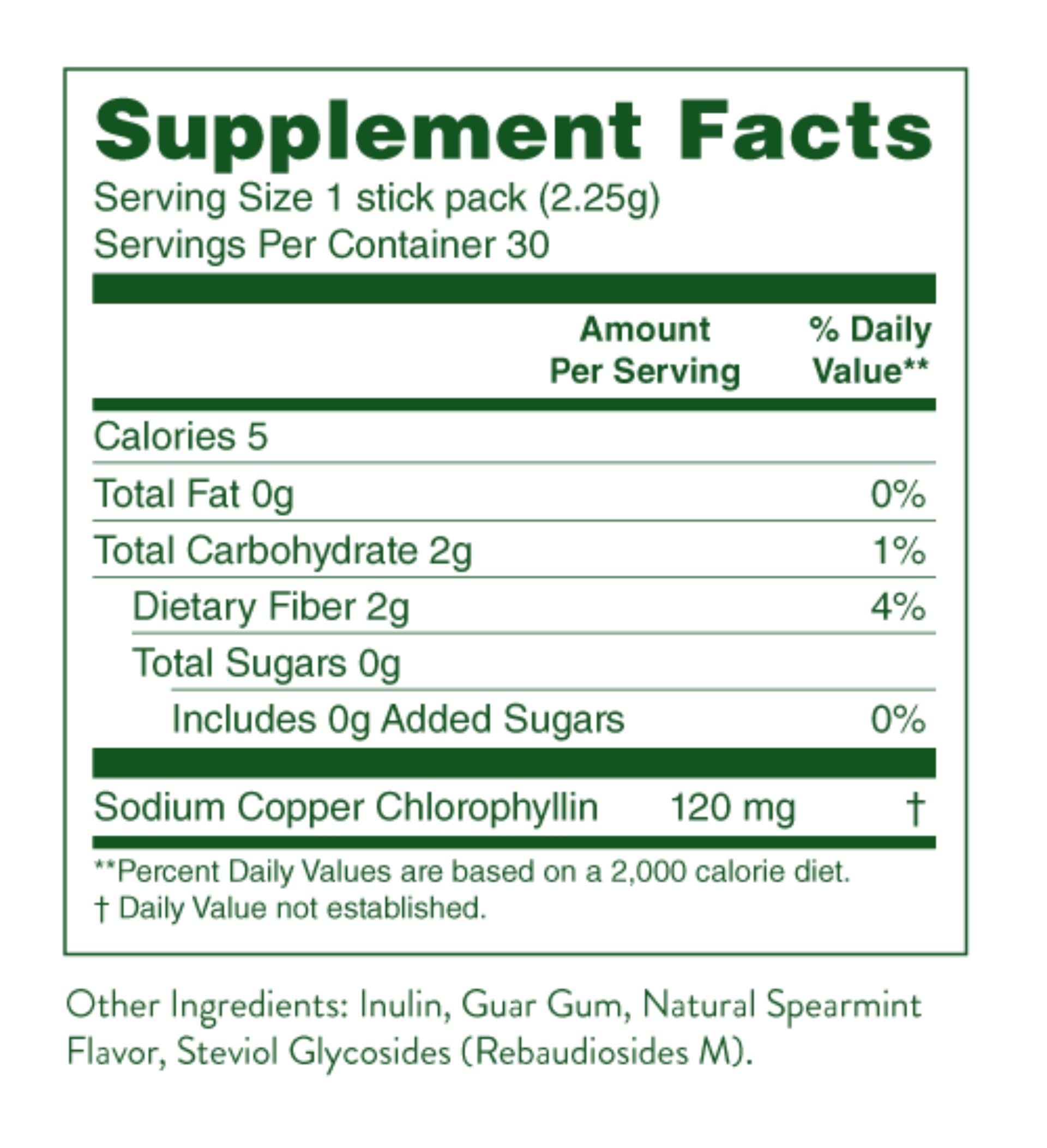 Nature's Sunshine Chlorophyll stick pack eco friendly manufacturing symbol.