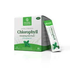 Nature's Sunshine Chlorophyll stick pack front view, convenient daily detox on the go.