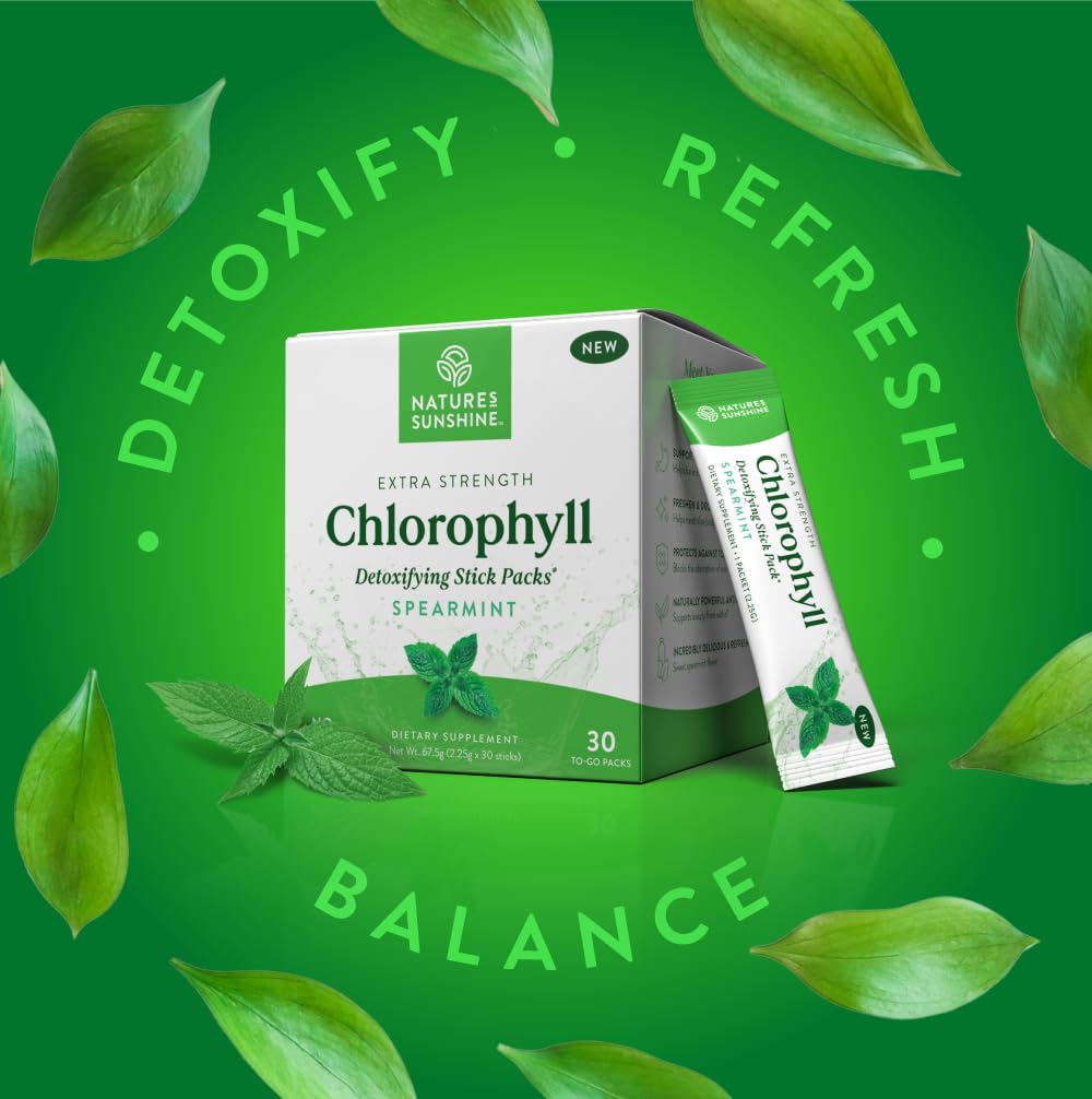 Nature's Sunshine Chlorophyll stick pack with prebiotic fiber supports digestion.