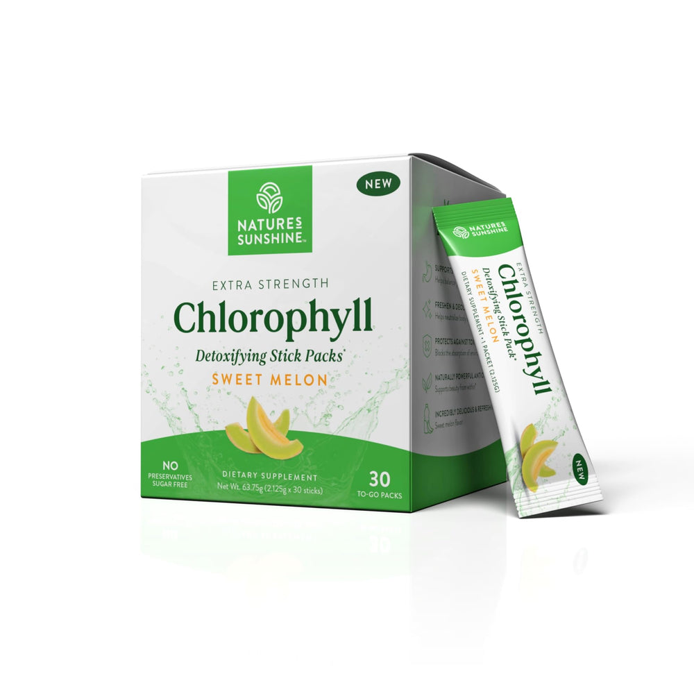 Nature's Sunshine Chlorophyll stick pack ready to mix with water for a refreshing detox sip.