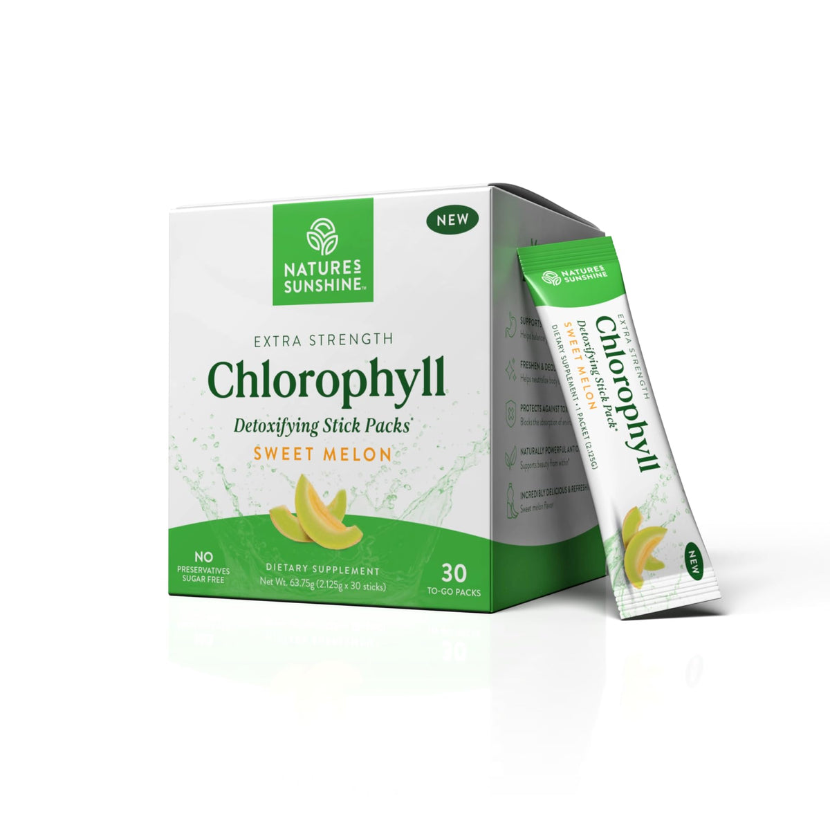 Nature's Sunshine Chlorophyll stick pack ready to mix with water for a refreshing detox sip.