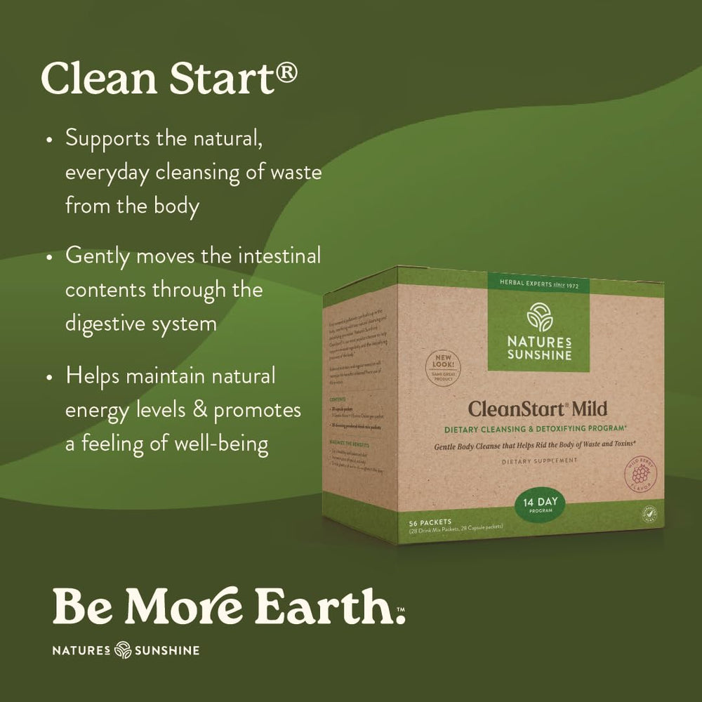 Nature's Sunshine CleanStart Mild packaging on shelf for convenient cleansing routines.
