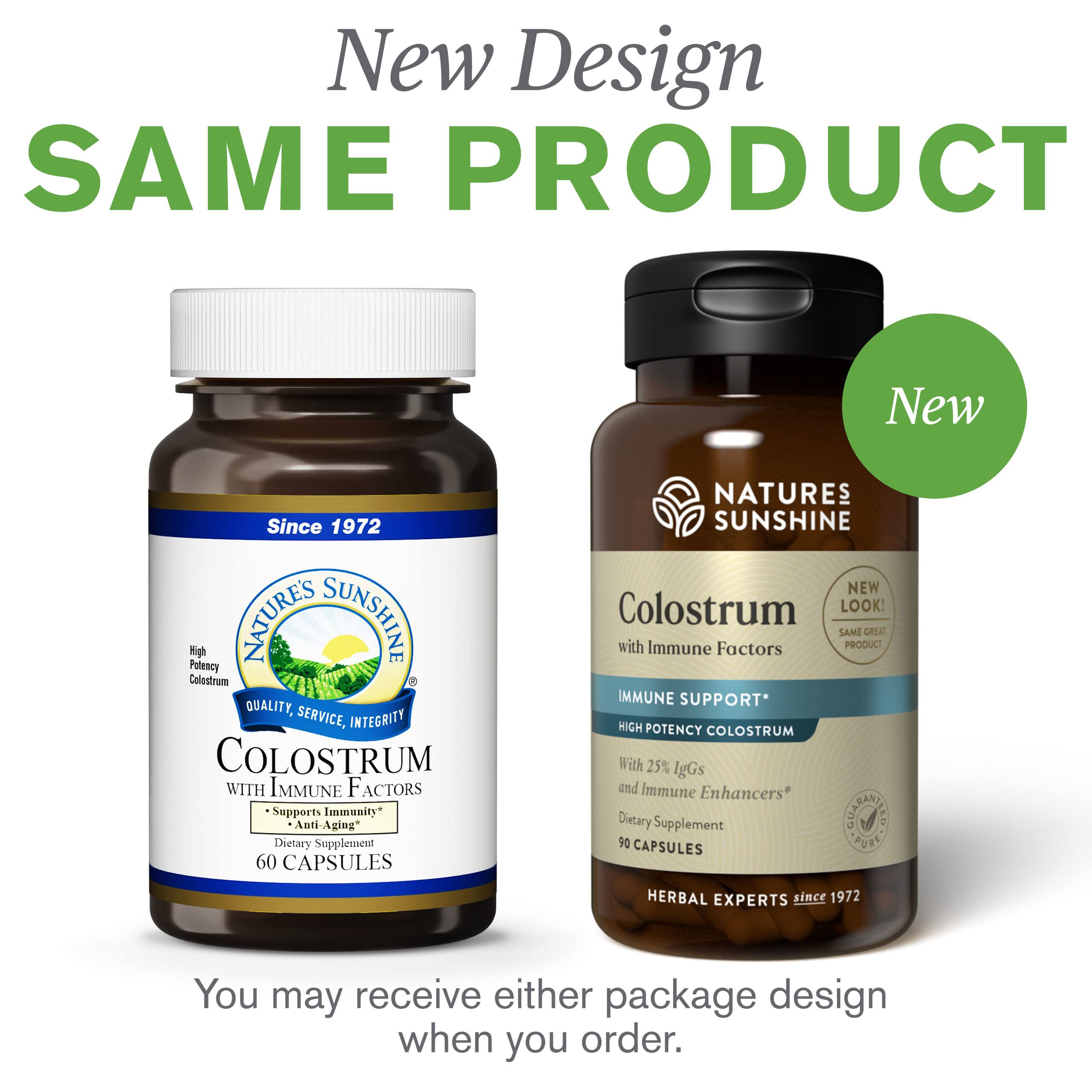 Product line visuals for Nature's Sunshine Colostrum with Immune Factors emphasizing immune and GI themes
