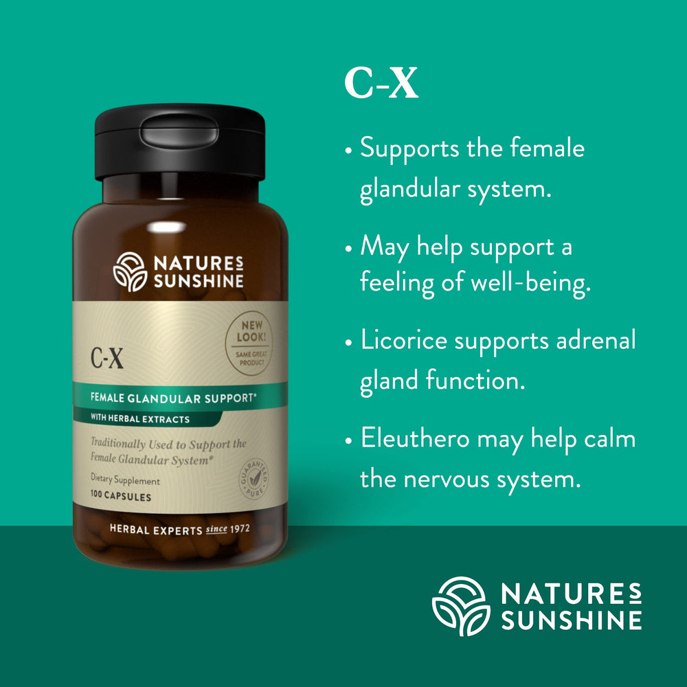 Packaging of Nature's Sunshine C-X on a clean counter for easy daily use.