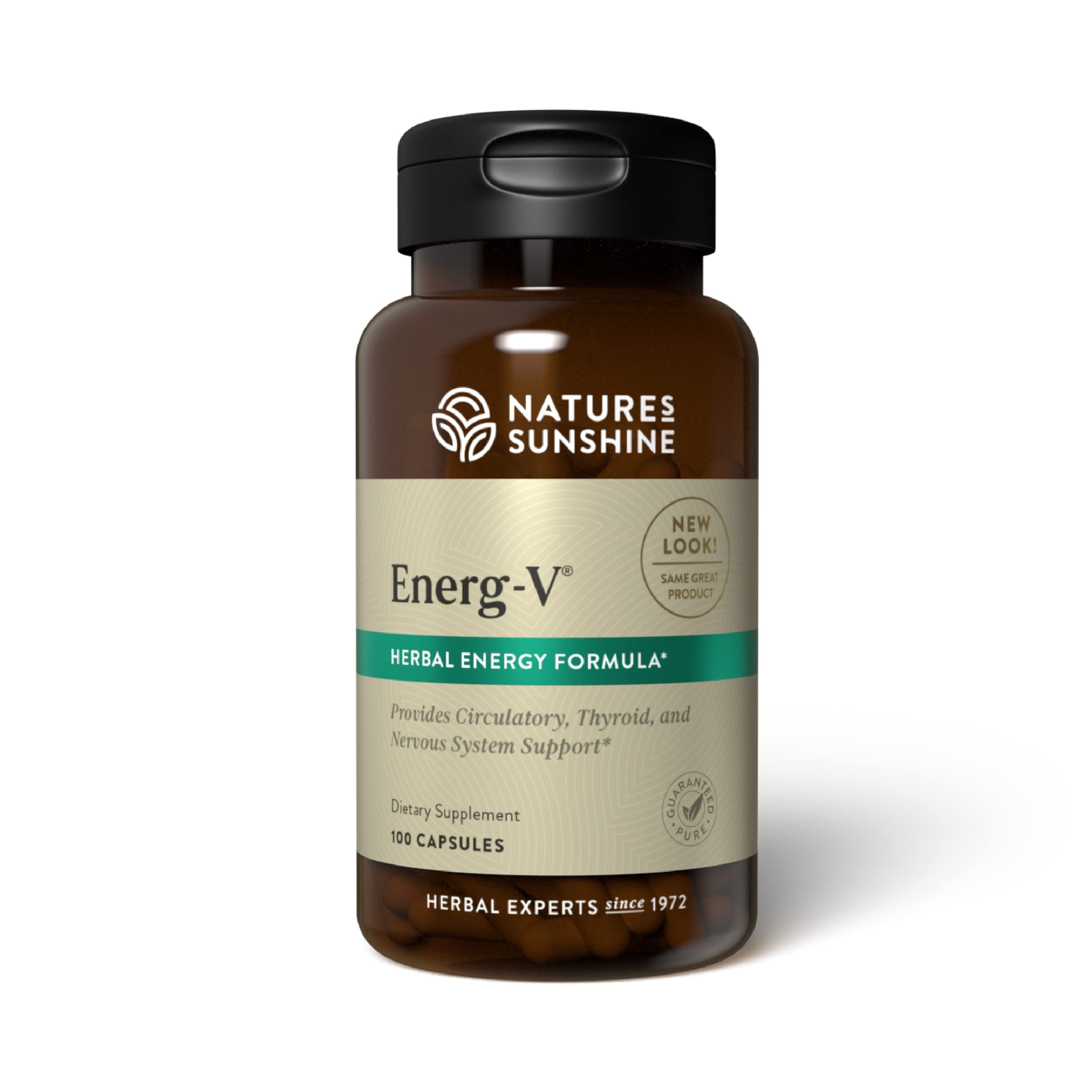 Nature's Sunshine Energ-V bottle label highlighting herbal energy support potential.