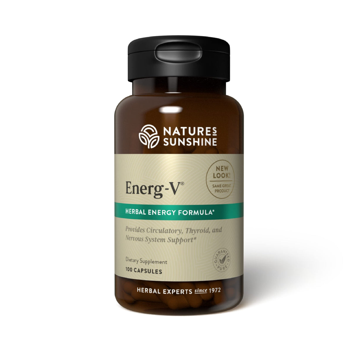 Nature's Sunshine Energ-V bottle label highlighting herbal energy support potential.