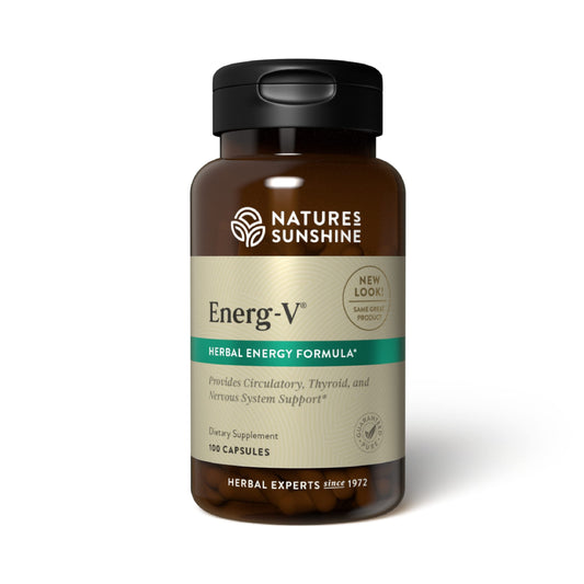 Nature's Sunshine Energ-V bottle label highlighting herbal energy support potential.