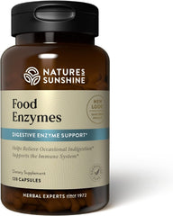 Nature's Sunshine Food Enzymes bottle and capsules for comfortable digestion.
