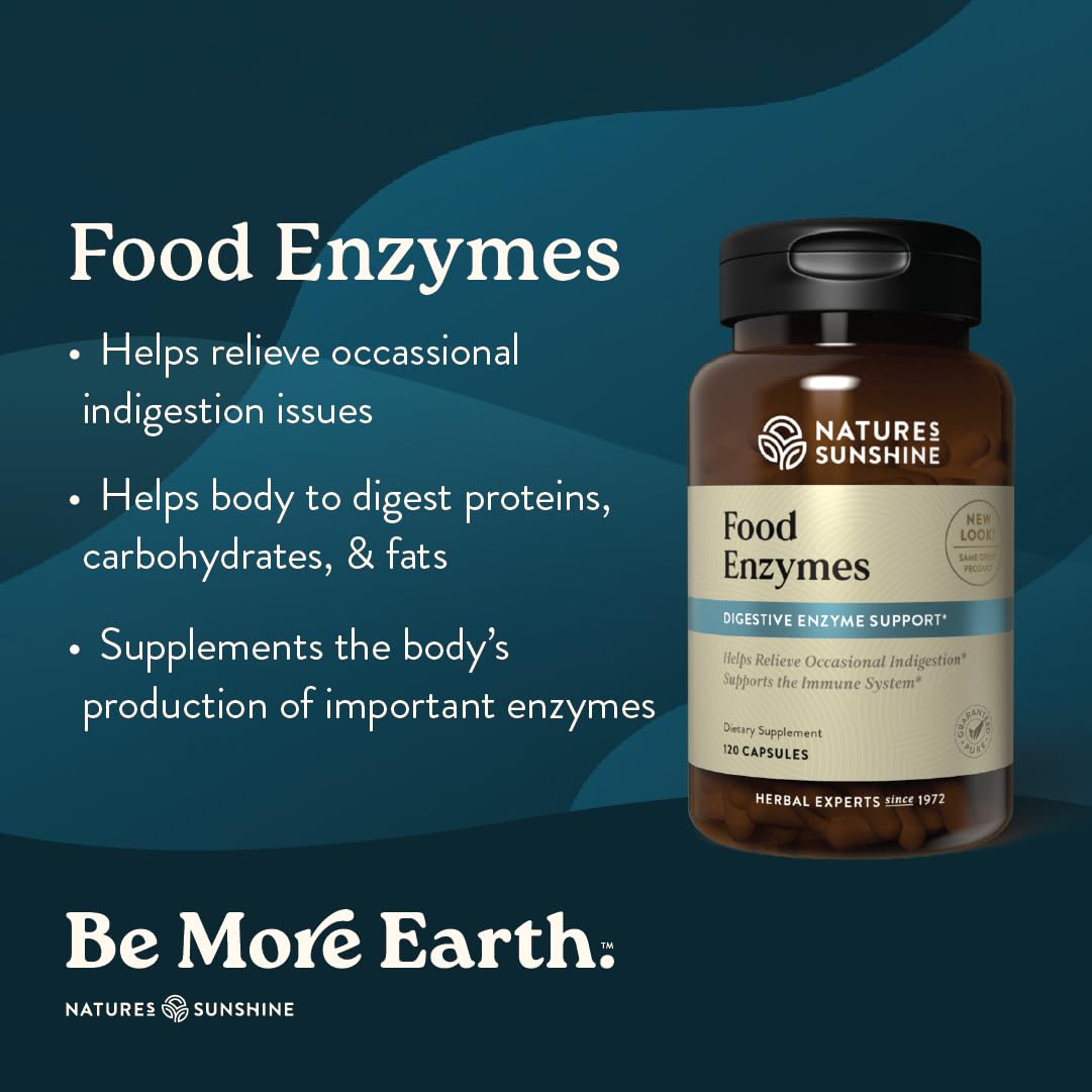 Nature's Sunshine Food Enzymes capsules being poured for easy use after meals.
