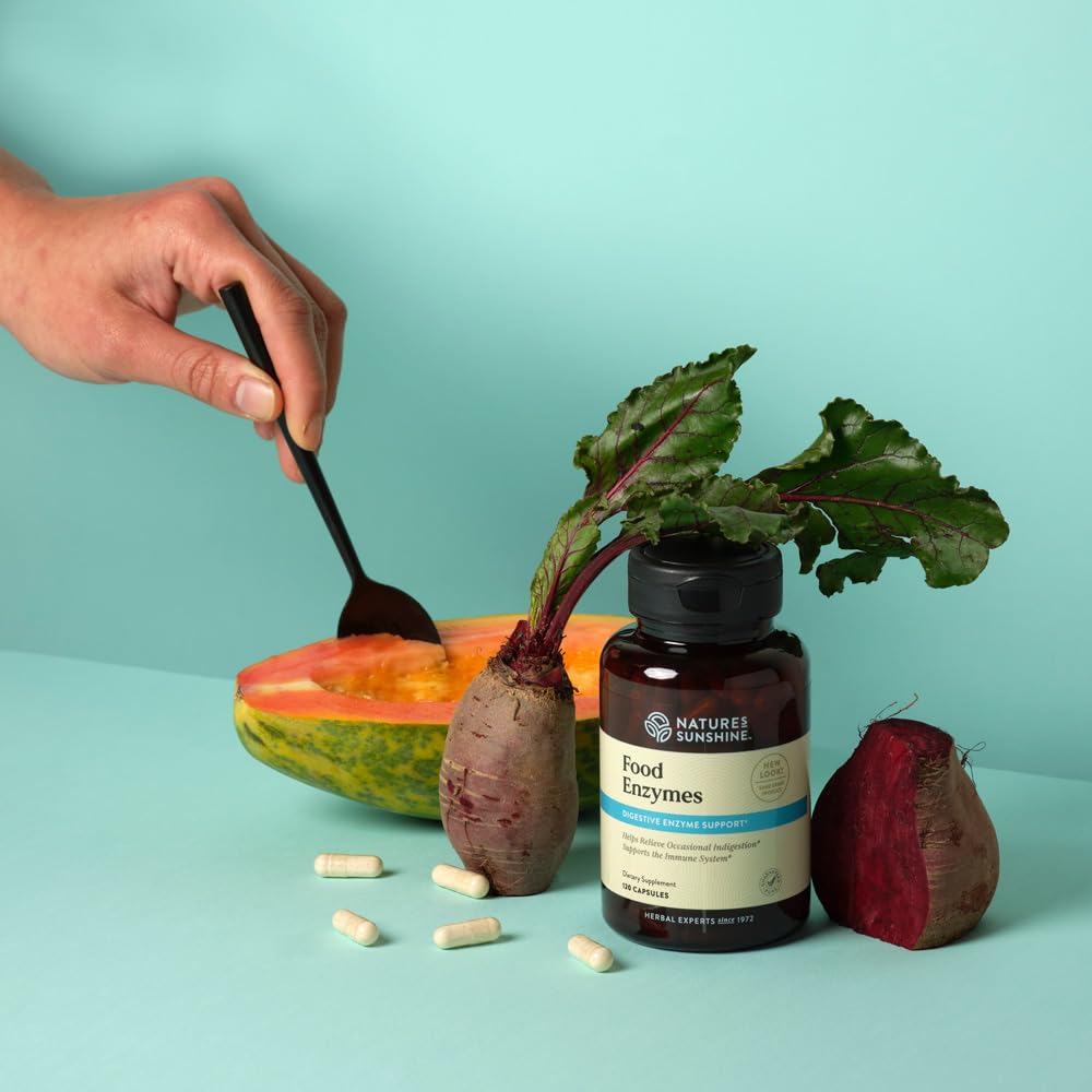 Nature's Sunshine Food Enzymes blend highlights enzymes like bromelain and lipase for digestion.