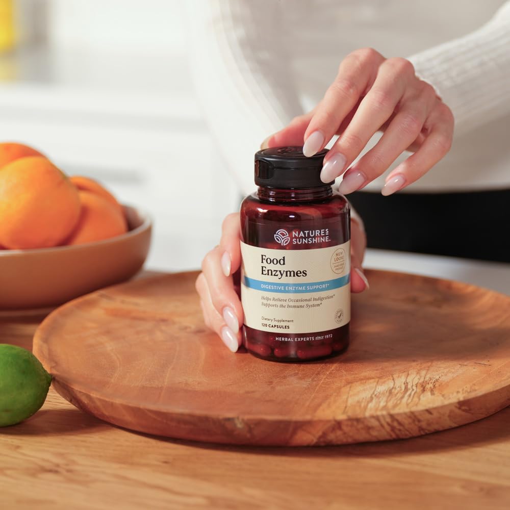Close-up of Nature's Sunshine Food Enzymes label with ingredients noted.