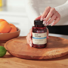 Close-up of Nature's Sunshine Food Enzymes label with ingredients noted.