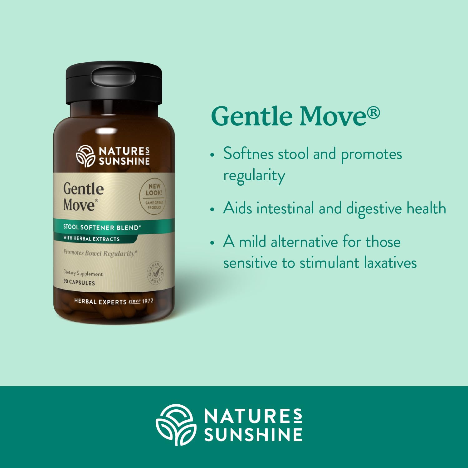 Nature's Sunshine Gentle Move capsules promoting gentle, non-stimulant relief for regularity.