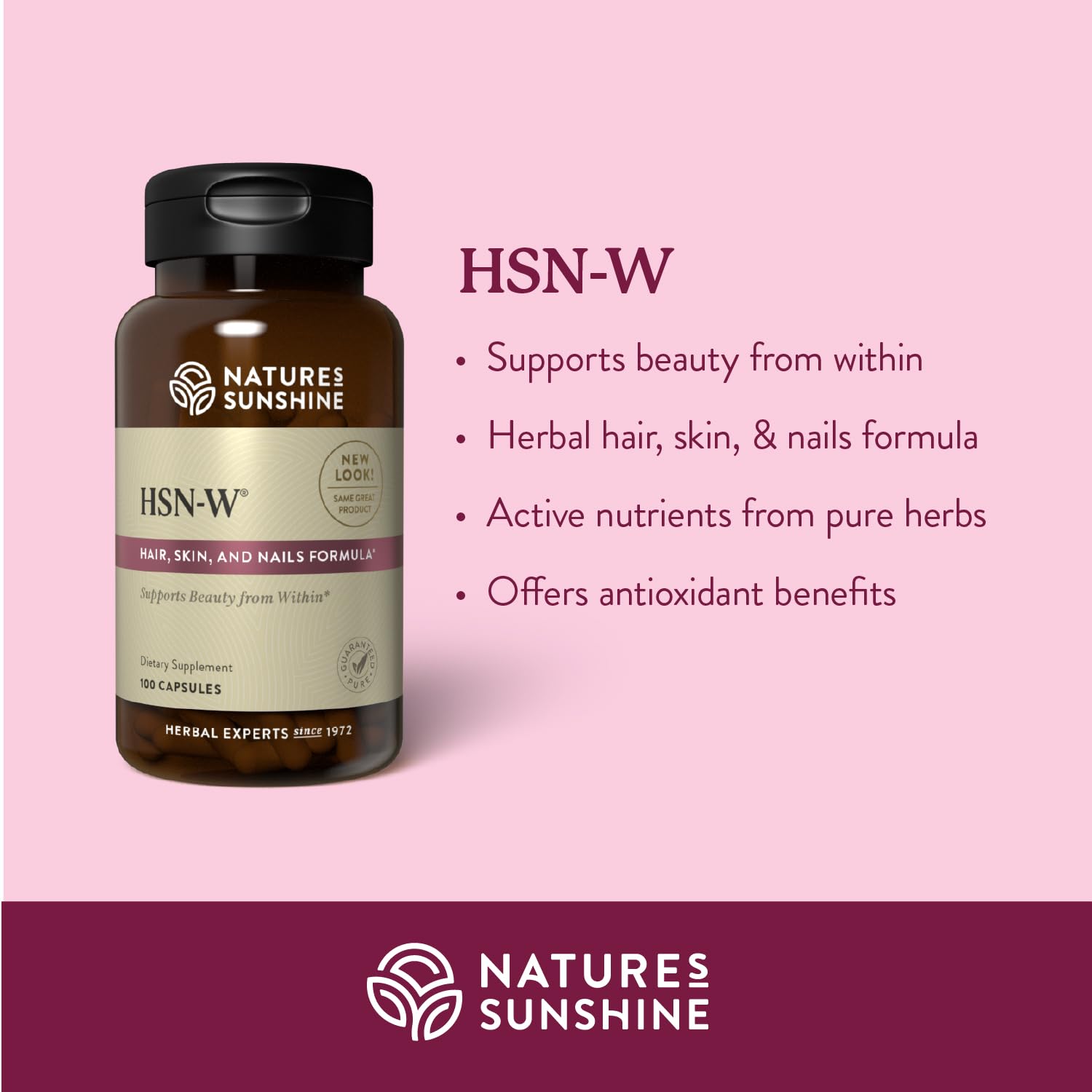 Nature's Sunshine HSN-W bottle label highlights ingredients and potency.