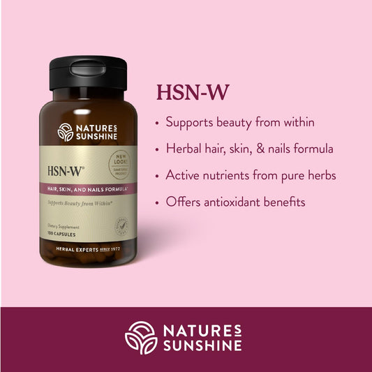 Nature's Sunshine HSN-W bottle label highlights ingredients and potency.